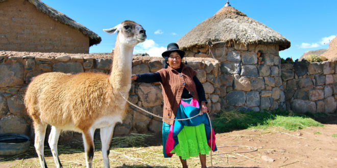 Frau mit Lama vor Haus in Peru